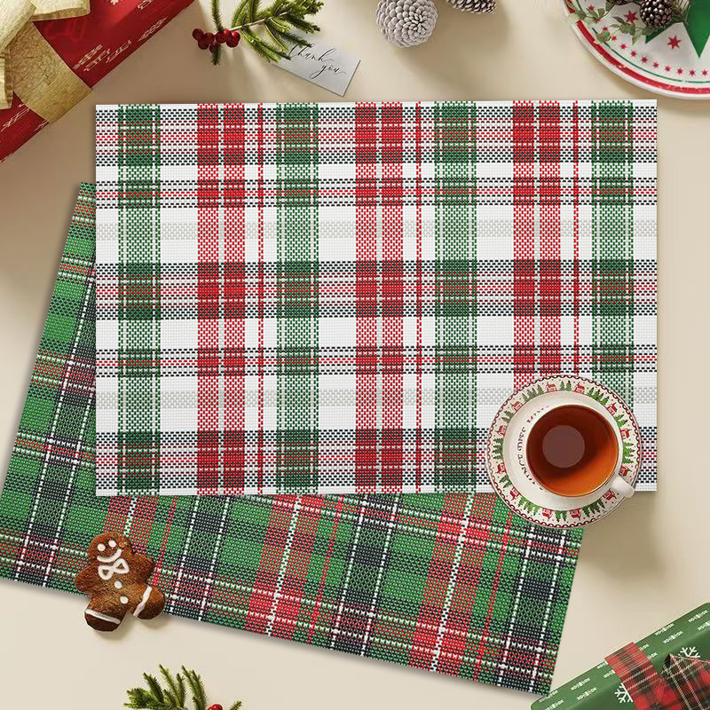 Placemats Red And Green Plaid Christmas Vintage Heat Insulating Oil Proof Household Western Table Mats