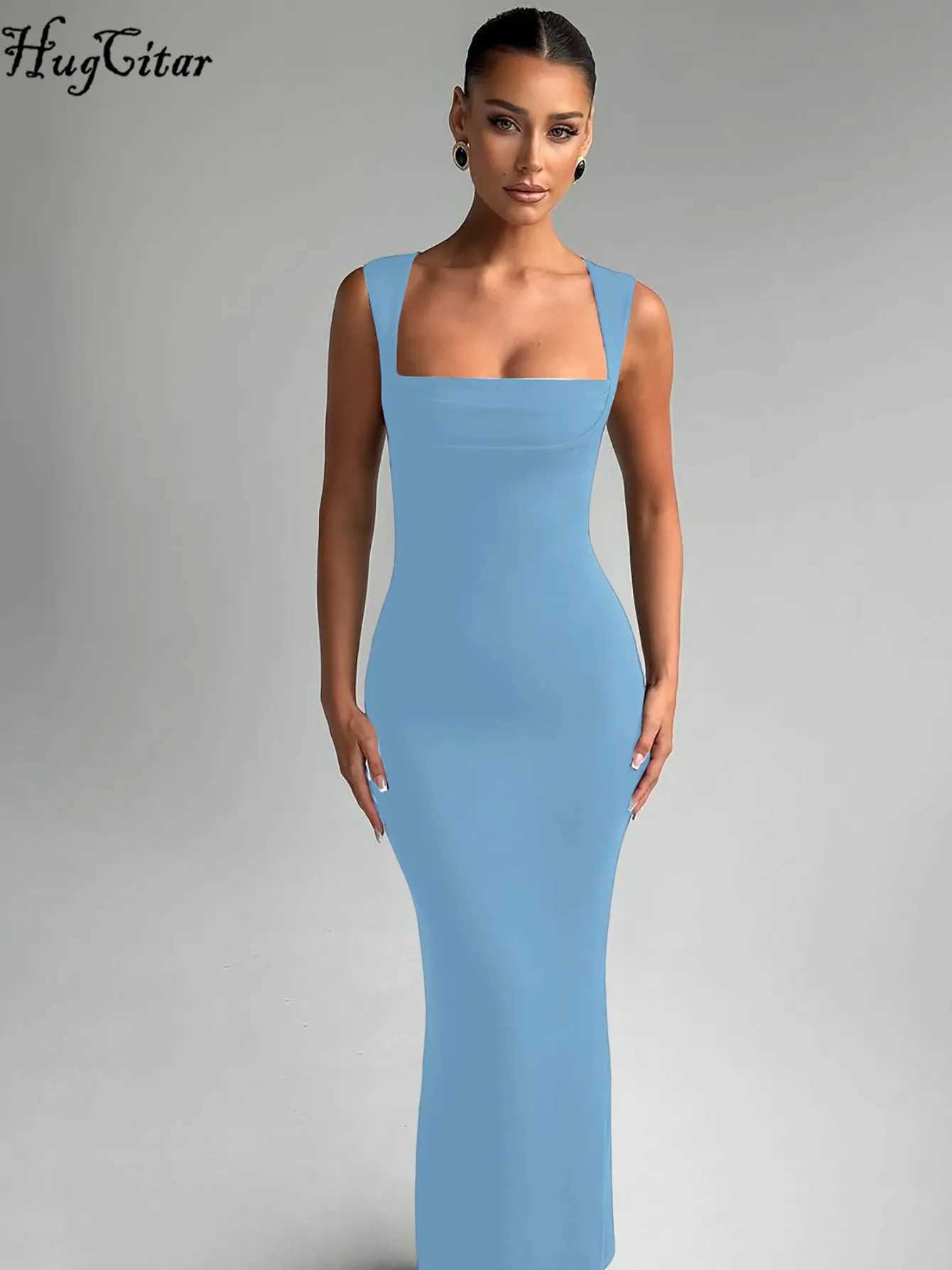 Hugcitar Women Elegant Solid Square Collar Straps Sexy Bodycon Maxi Prom Dress Summer Women Y2K Clothes Evening Party Birthday C260331