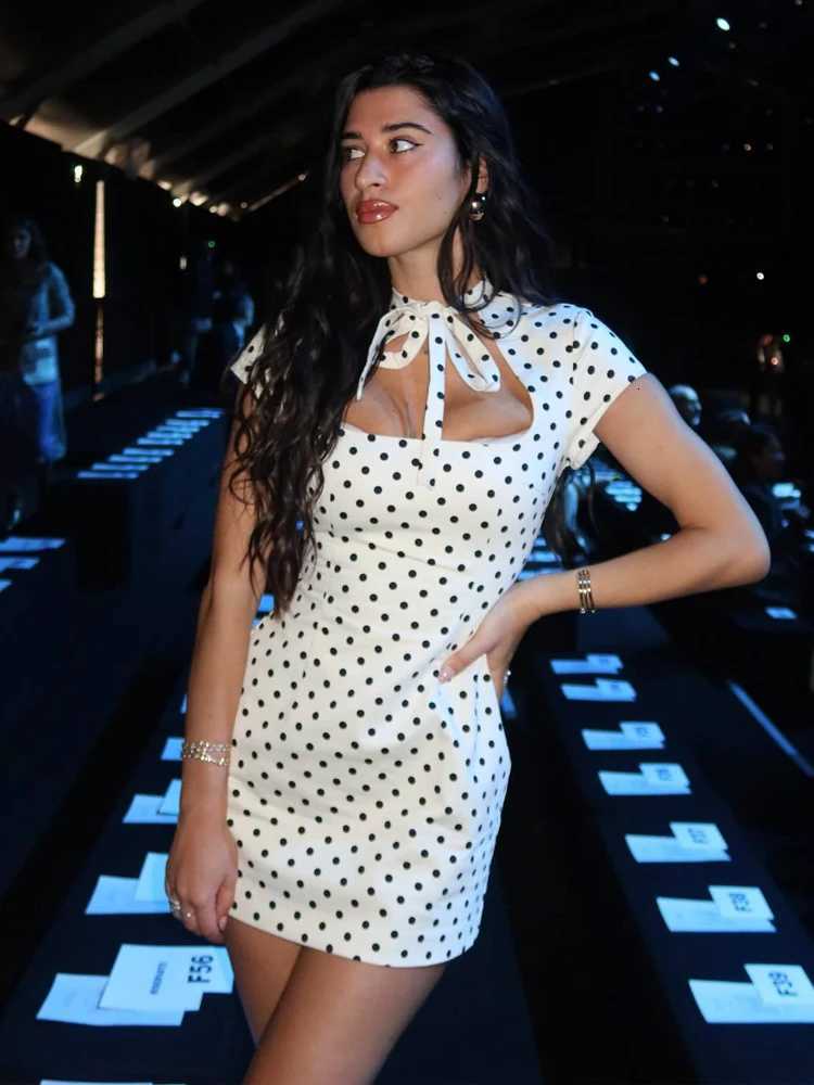 HH Summer Fashion Womens Polka Dot Mini Dress 2026 Short Sleeve Lace Up Collar Party Dress Female Hollow Out Sexy Evening Dress C260331