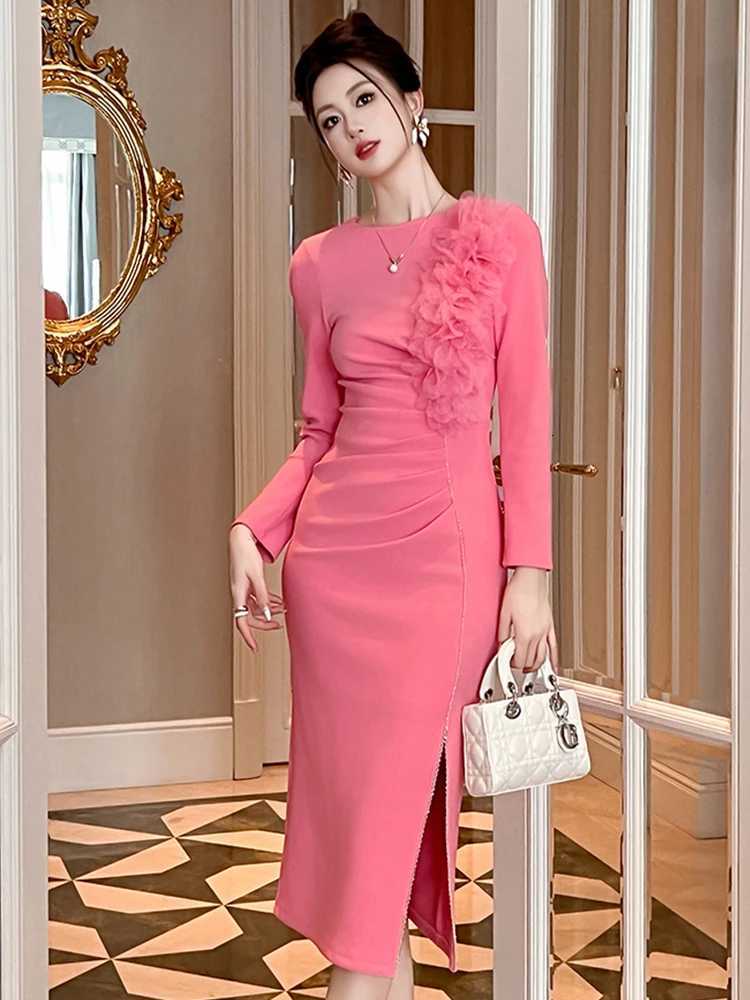 Banquet Evening Dress Women Elegant Style Flower Beading Folds Slit Robe Female Party Prom Vestidos Catwalk Gown C260331