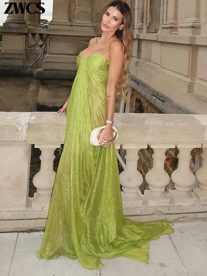 Green Pleated Party Gowns 2026 Summer New Female Sexy Off Shoulder Sleeveless Backless Sling Dresses Womens Solid Long Dress C260331
