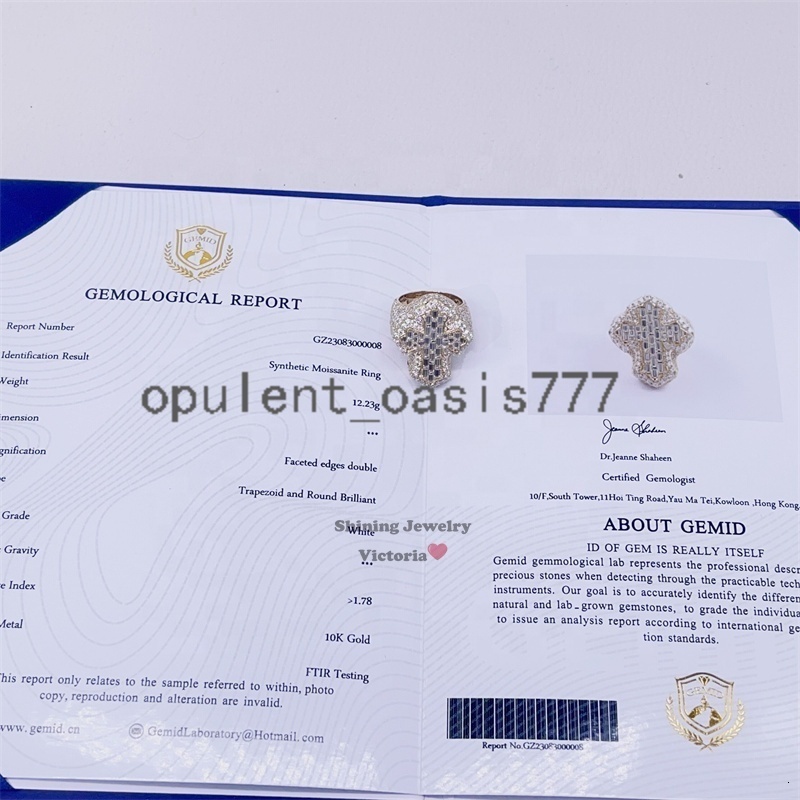 Pass Diamond Tester Men Hip Hop Iced Out Baguette Cut Moissanite 10k Gold Ring