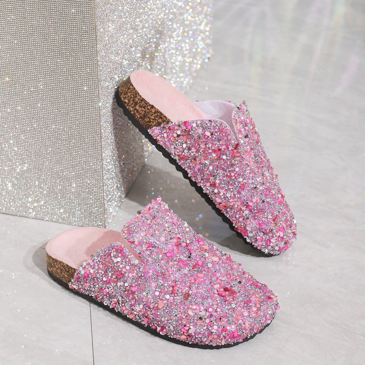 fashion slippers 2026 Women's Rhinestone Embellished Slide Slippers Sparkly Open Toe Flat House Shoes