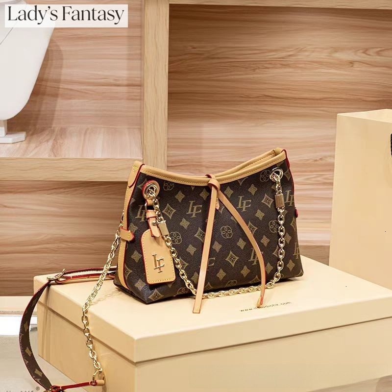 Lady's Fantasy Vintage Monogram Print Chain Shoulder Bag for Women - Faux Leather Hobo Bag with Tassel & Tag Decor, Classic Tote Purse for Work, 