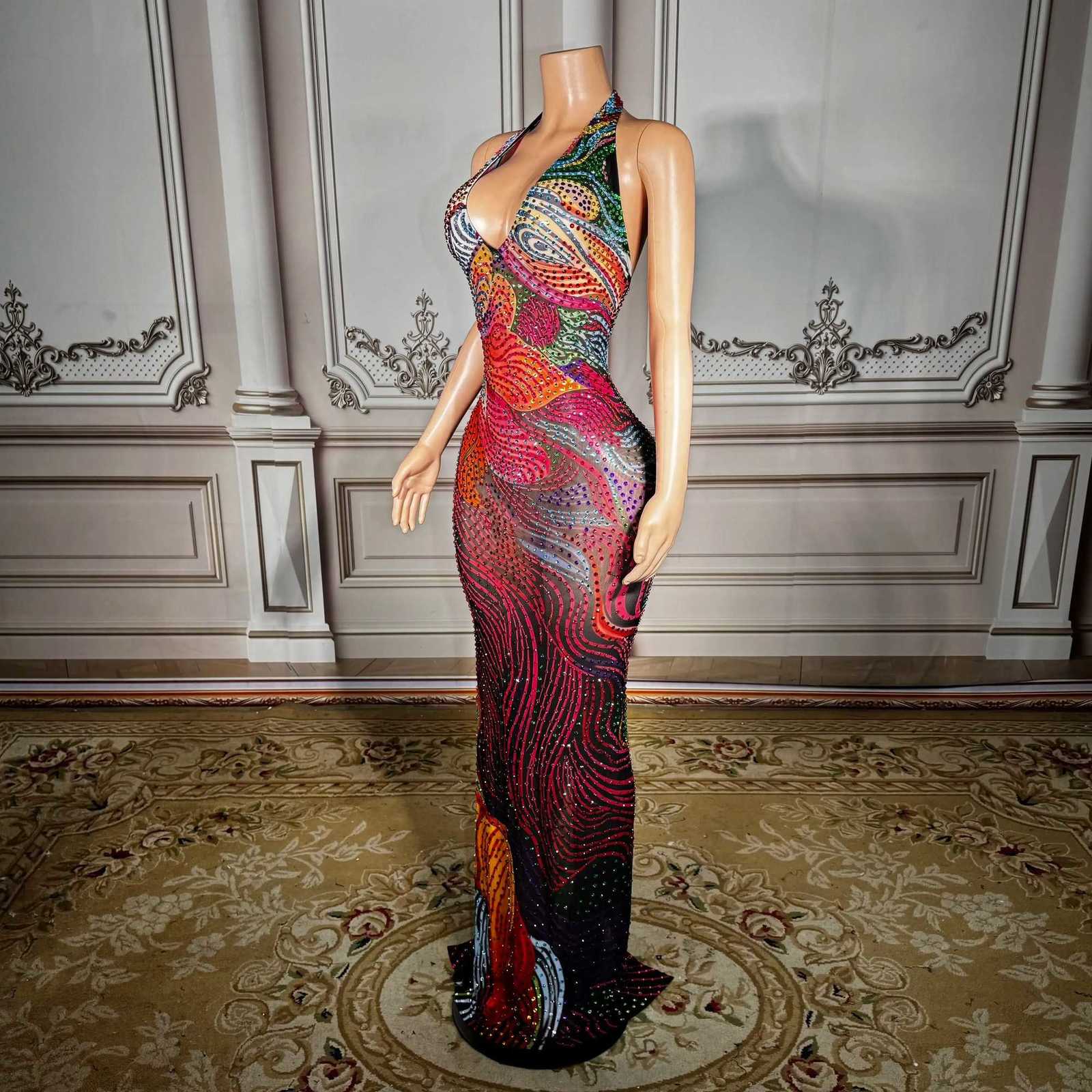 ZD Plus Size Sexy Sheer Mesh Dress with Low Back Colorful Rhinestones - Glamorous Nightclub Party Gown for Women C260331