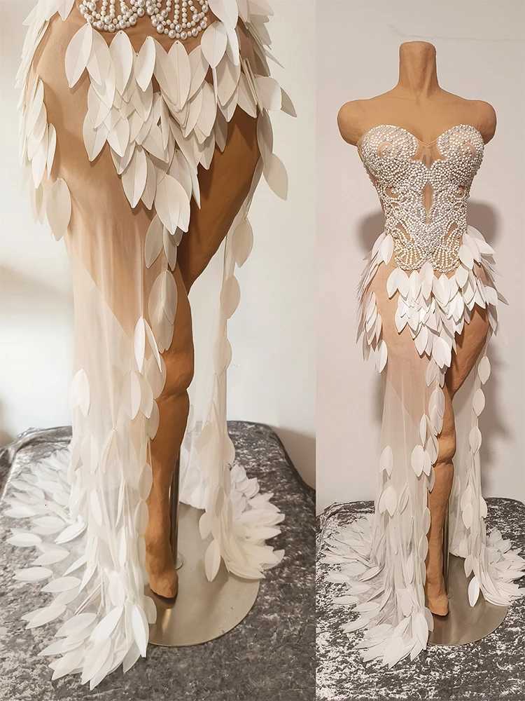 High Split 3d Designer Custom Pearl White Fishtail Dress See Thought Club Outfit Performance Drag Queen Dance Stage Catwalk Show C260331