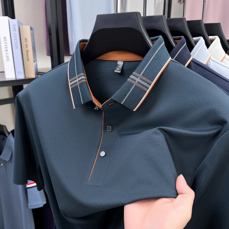 Men's Polo Shirt Summer New Solid Color Lapel Business Casual Short Sleeve Breathable Thin Mulberry Silk Top for Men - view 4