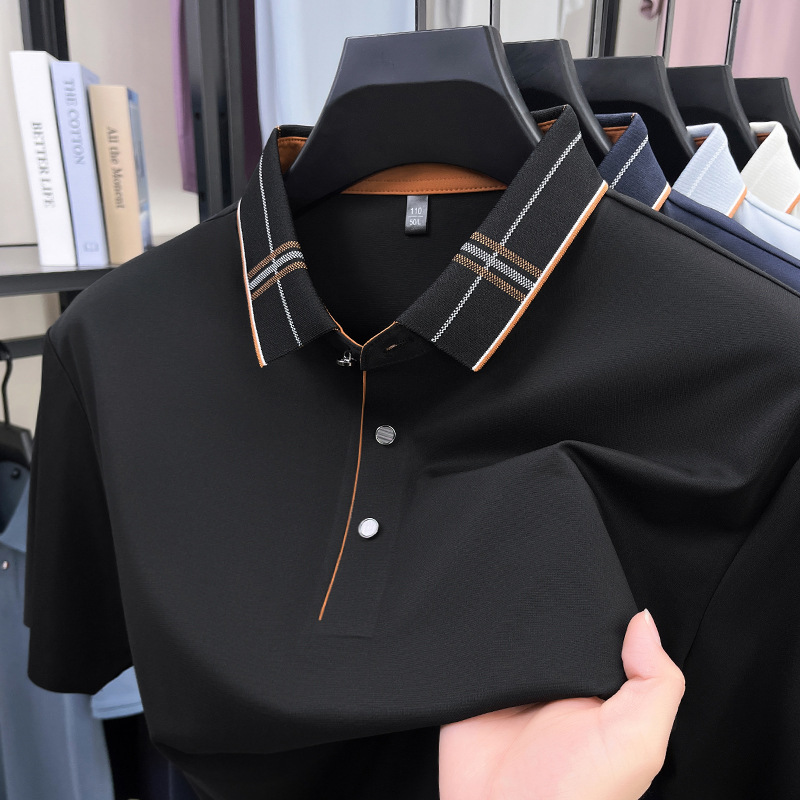 Men's Polo Shirt Summer New Solid Color Lapel Business Casual Short Sleeve Breathable Thin Mulberry Silk Top for Men - view 6