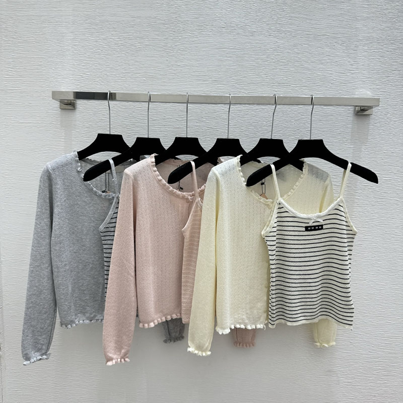 Designer Women Vintage Cardigan Sexy Camisole Striped Vests Round Neck Knit Shirts Outfit Autumn Spring Vacation Party Evening Knitwear