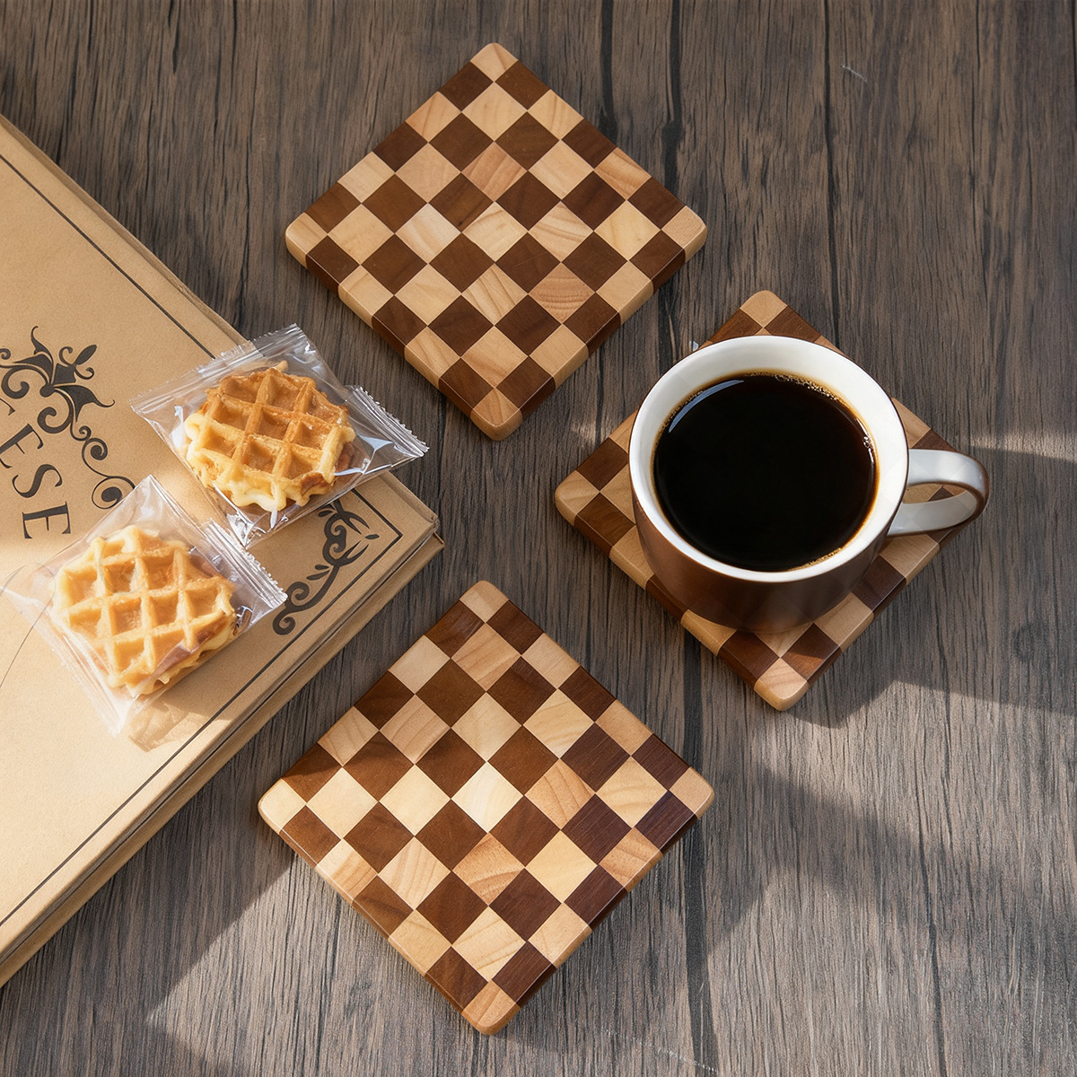 Rubber Wood Checkerboard Heat Insulation Wooden Carbonized Vertical Puzzle Tea Cake Tray Coaster