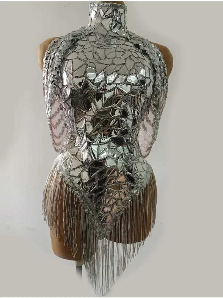 Tassel Performance Costume Bar Dancer Night Club Dress Stage Wear Sparkly Silver Fade Mirrors Women Sexy Bodycon Mini Dress C260331
