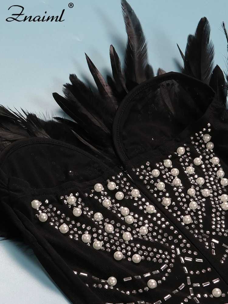 Znaiml Sexy Feathers Rhinestones Backless Sheer Mesh Bodycon Dresses for Woman Rave Club Birthday Party Night Vestidos C260331