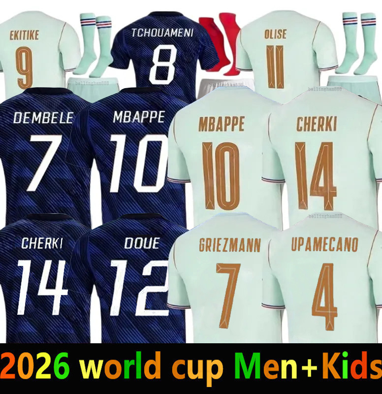 new 2026 France Soccer Jerseys Mbappe maillot FFF Dembele Ekitike Doue Olise Soccer Jersey CHERKI Saliba Kante Thuram Tchouameni 26 27 football shirt Men kids kit