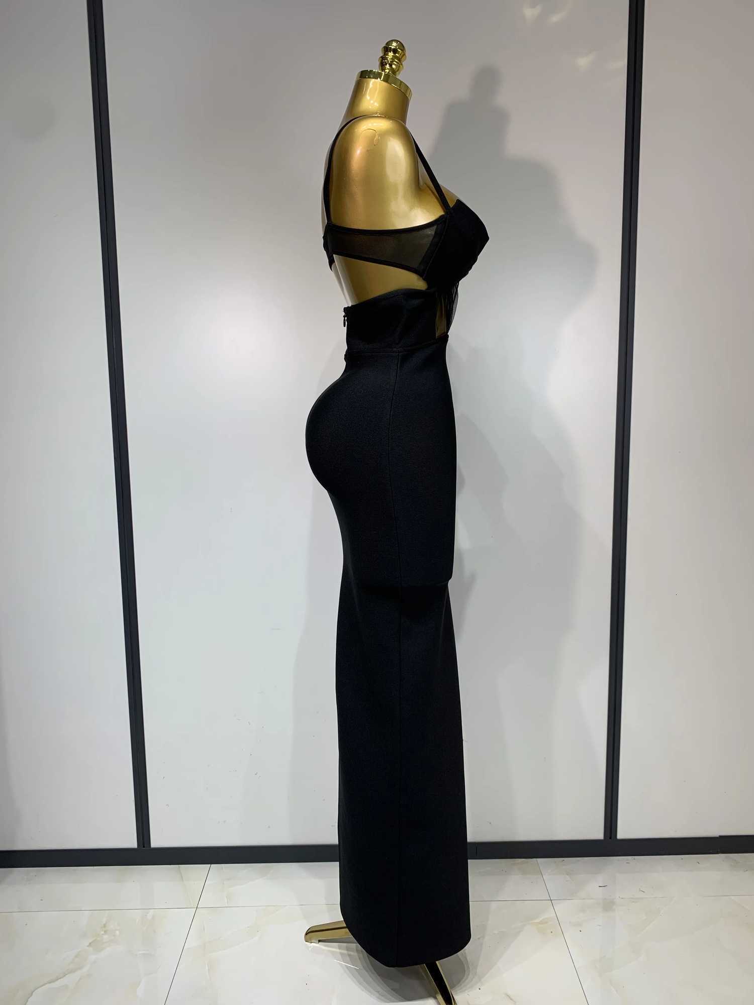 Fashion Black Spaghetti Strap Maxi Long Bandage Dress Mesh Cut Out Elegant Celebirty Bodycon Evening Club Party Birthday Dresses C260331