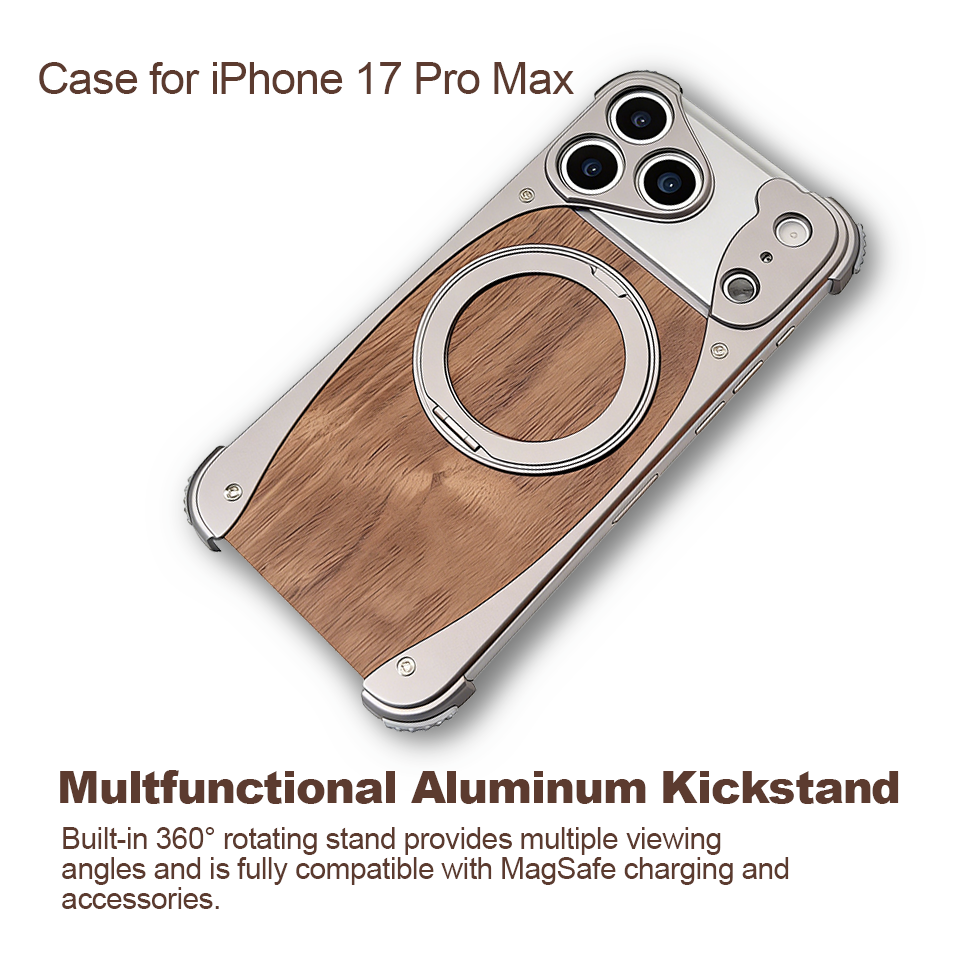 Premium Walnut Wood & Aluminum Case for iPhone 17 Pro Max, Magnetic Swivel Kickstand Cover, Half-Wrapped Industrial Design, MagSafe Compatible, DIY To
