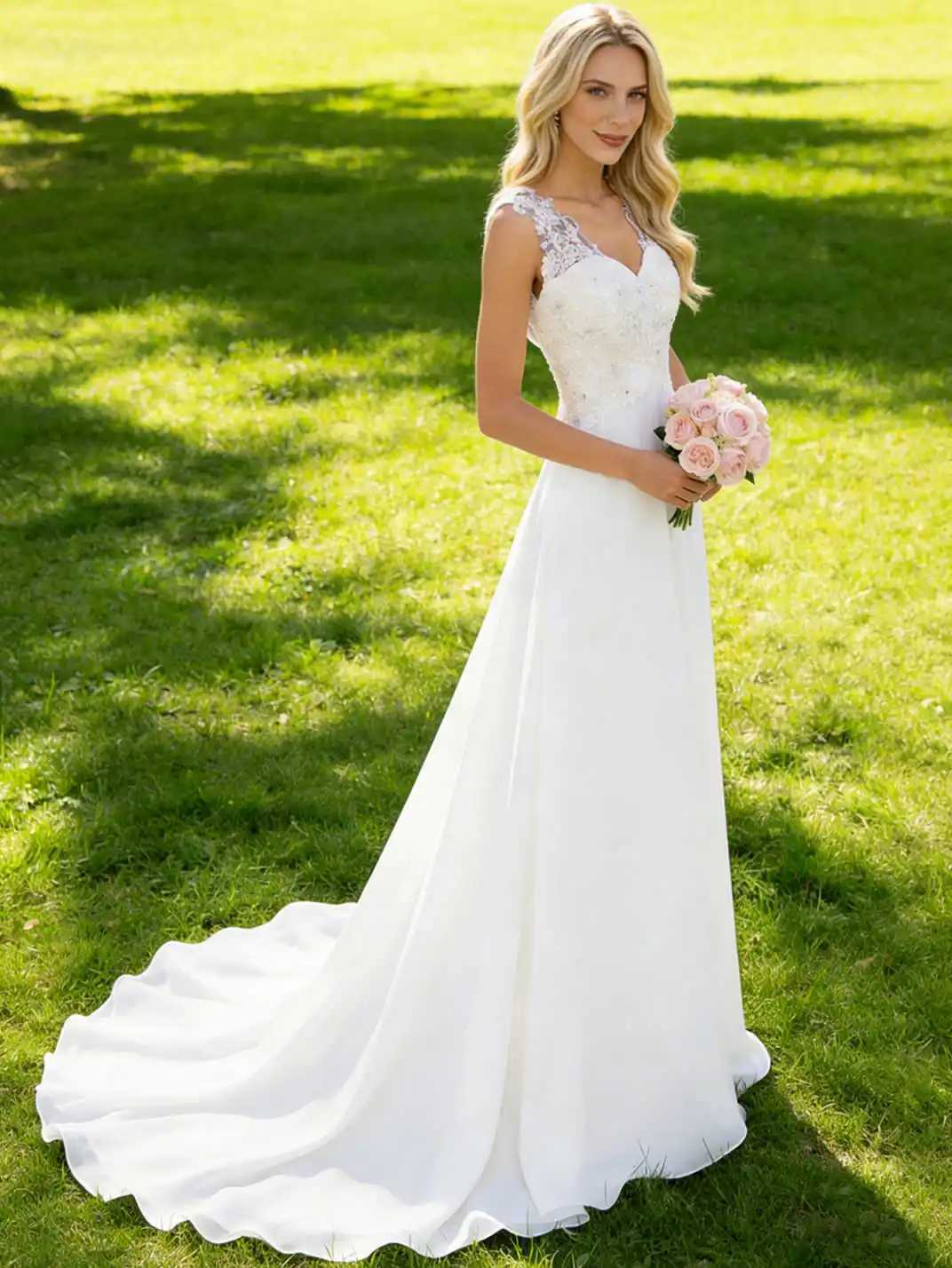 Abaowedding Womens Wedding Dress Lace Double V-Neck Sleeveless Evening Dress C260331