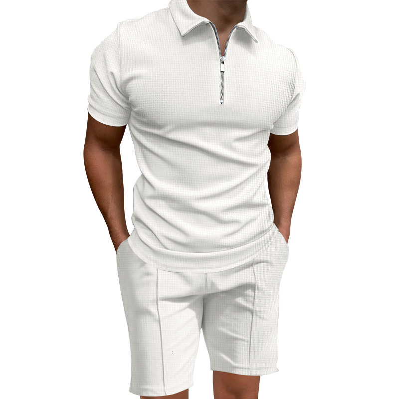 2025 Summer Mens Polo Shirt Set Solid Color Waffle Short Sleeve Slim Fit Turn-down Collar T-shirt Casual Mens Style