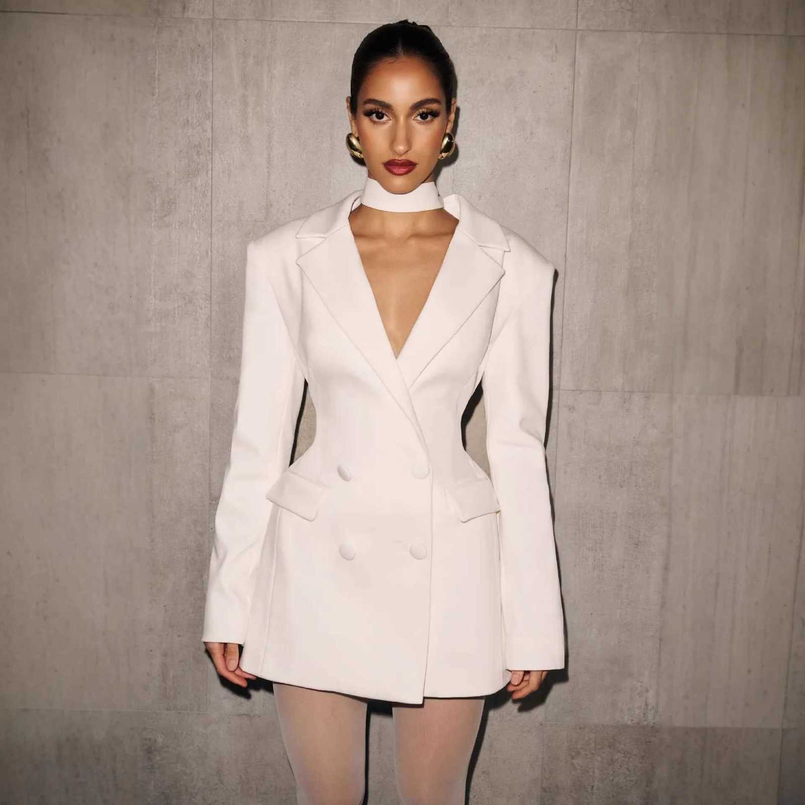 Elegant Pure Color Deep V-neck Waist-cinched Suit Dress Womens Fashionable Short Knitted Polyester G25D349 Casual Business D C260331