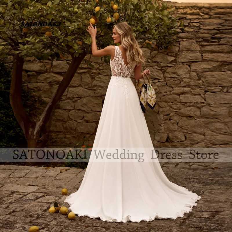 Customized Elegant Simple V-Neck Lace Chiffon Wedding Dress for Women A-Line Sleeveless Appliques Bride Gown Vestidos De Novia C260331