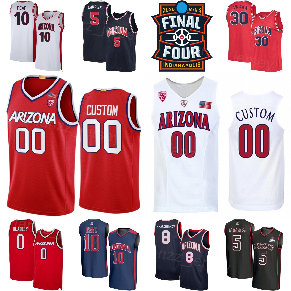Print 2026 Final Four Basketball Arizona Wildcats College 5 Brayden Burries Jerseys Kid Man Women 10 Koa Peat 0 Jaden Bradley 8 Ivan Kharchenkov 13 Motiejus Krivas