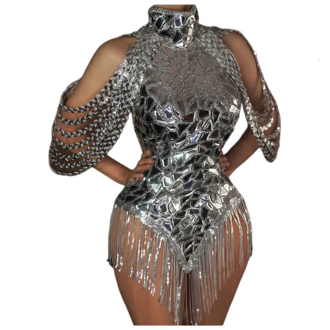 Tassel Performance Costume Bar Dancer Night Club Dress Stage Wear Sparkly Silver Fade Mirrors Women Sexy Bodycon Mini Dress C260331