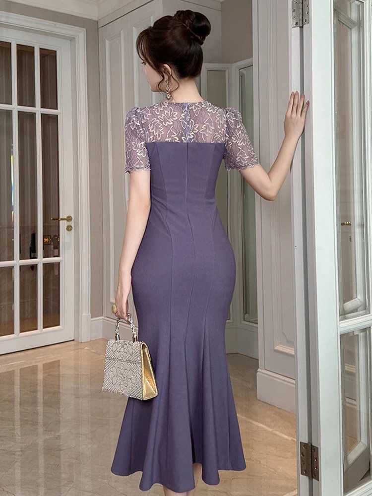 Elegant Evening Dress Womens French Sweet Sheer Lace Splice Fishtail Robe Female Party Catwalk Vestidos Banquet Clothes C260331