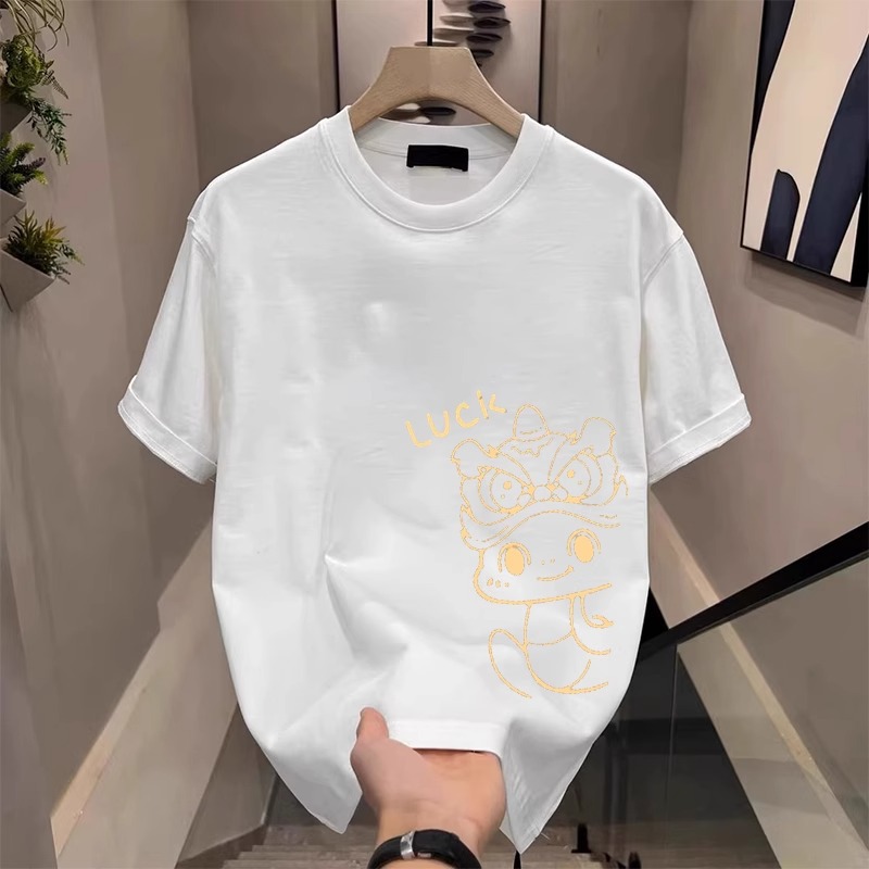 Men's 100% Cotton T-Shirt, Chinese Year of The Snake Graphic Tee, Casual Loose Fit, Streetwear Short Sleeve Tops for Students