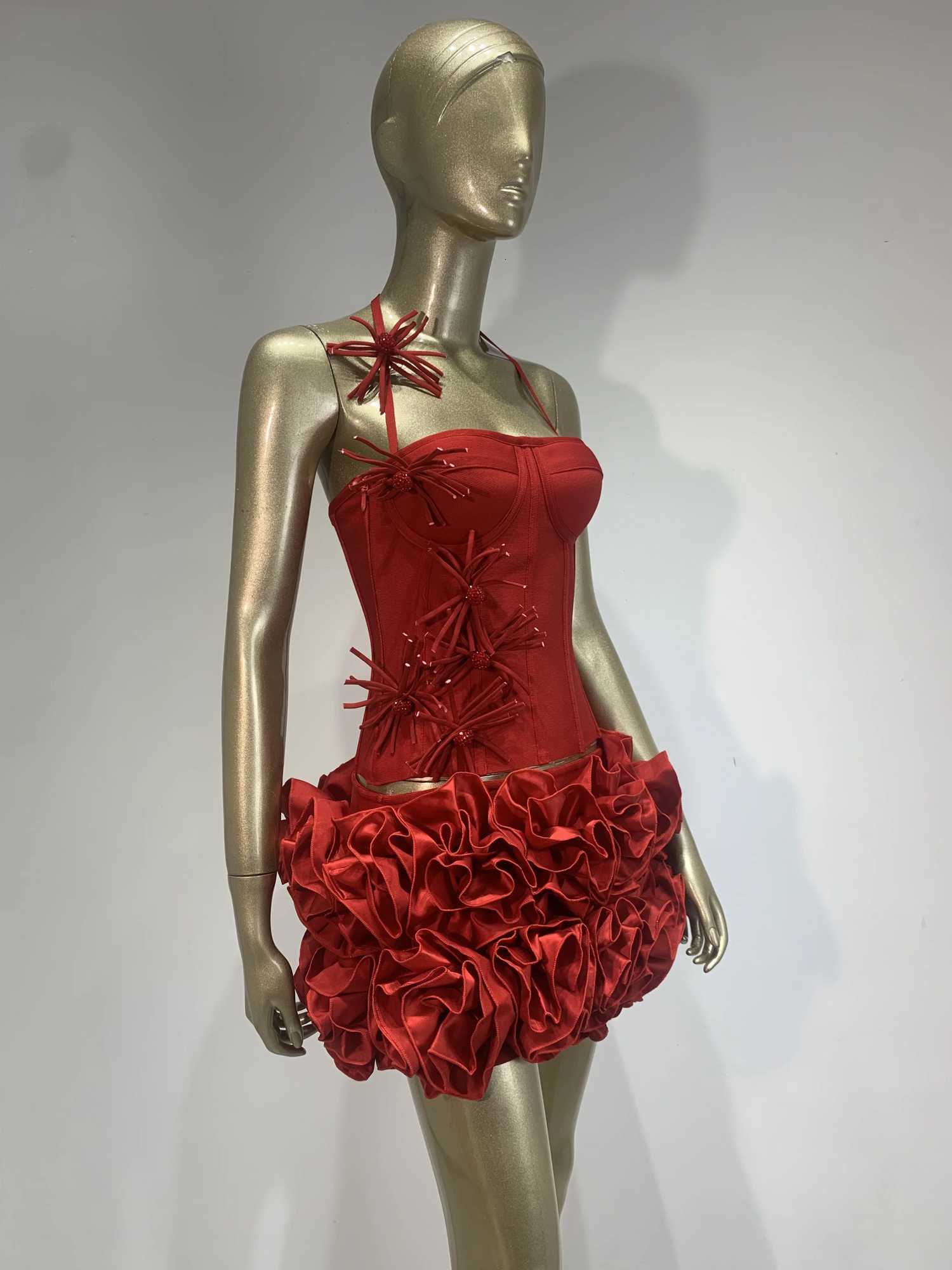 High End Fashion Women Red Bandage Outfit Halter Slash Neck Corset Top And Rose Mini Skirt Two Pieces Sets Evening Club Party C260331