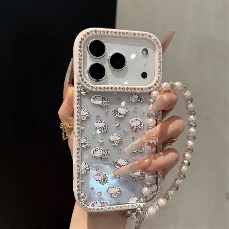 Makeup Mirror Drilled Edge HelloKitty Cat iPhone Case Girl Pink Cartoon Holder
