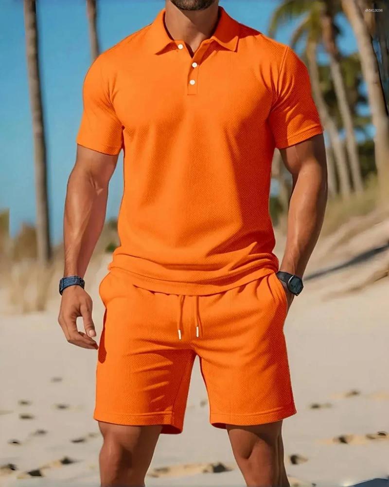 Men's Tracksuits Men's Business Casual Beach Sports Two-piece Set Drawstring Elastic Waist Shorts Button Access Control Lapeltop