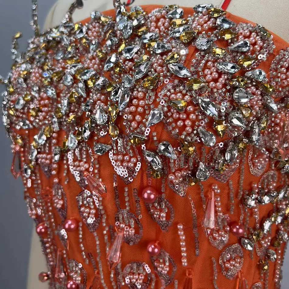 Sequin Evening Party Dress Sexy Strapless Pearls Crystals Embellished Catwalk Celebrity Prom Gown C260331