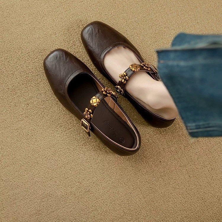 Soft Sheepskin~Retro Mary Jane Shoes Women's Spring/Summer 2025 New Style Shallow Mouth Single Shoes Flat Bottom One Button Small Leather Shoes