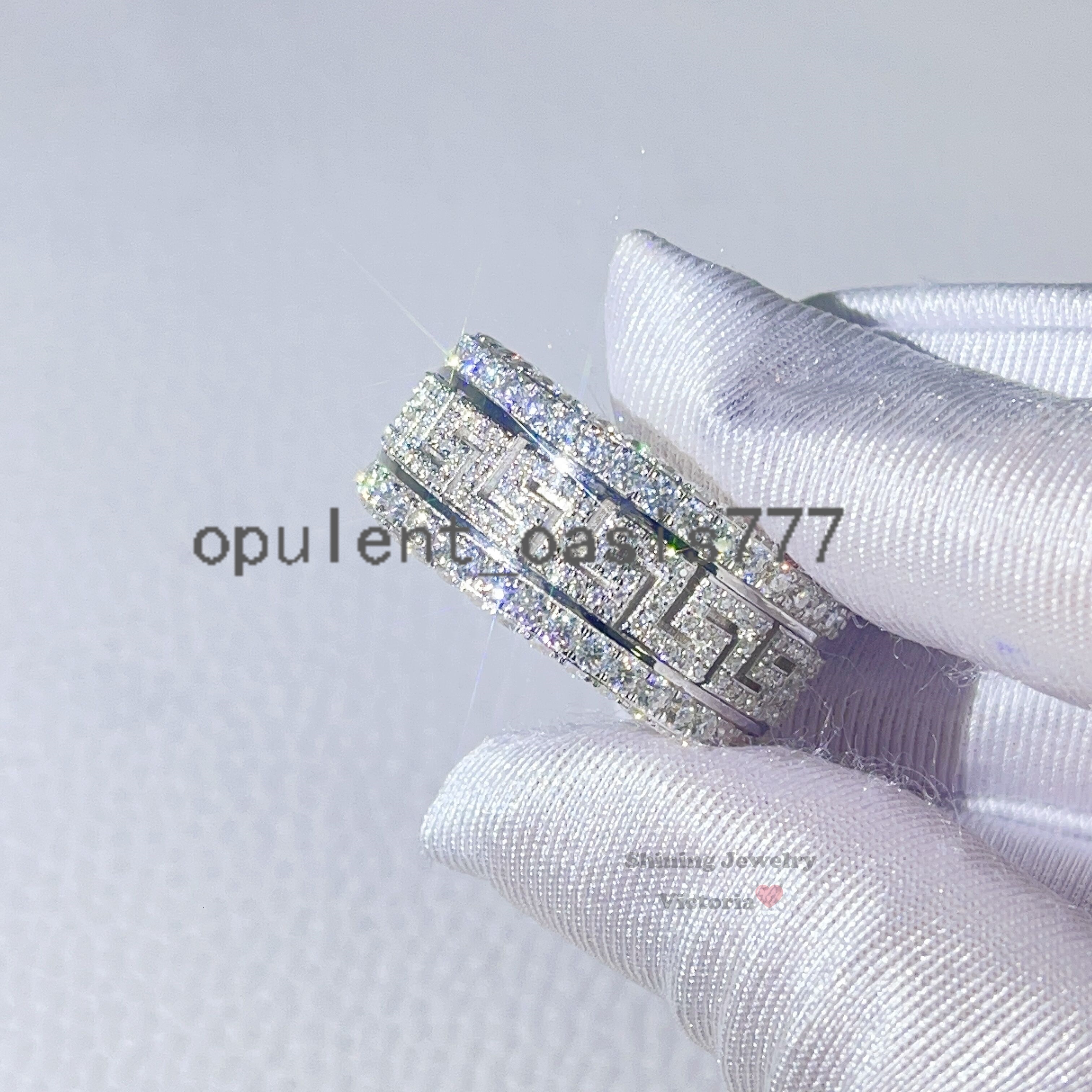 Guangzhou Shining Jewelry Iced Out Men Fashion Style Solid 10K White Gold Greek Key Ring With Moissanite