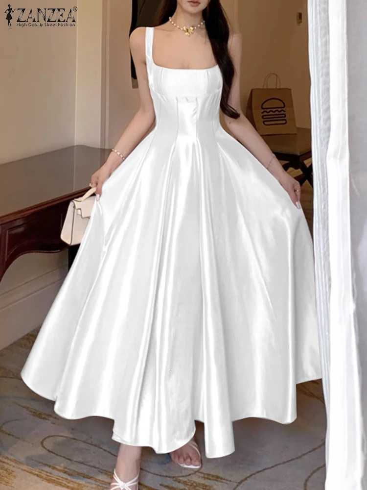 ZANZEA Womens Elegant White Satin Long Dresses Wedding Guest Cocktail Evening Party Dress Square Neck Sleeveless Woman Clothes C260331