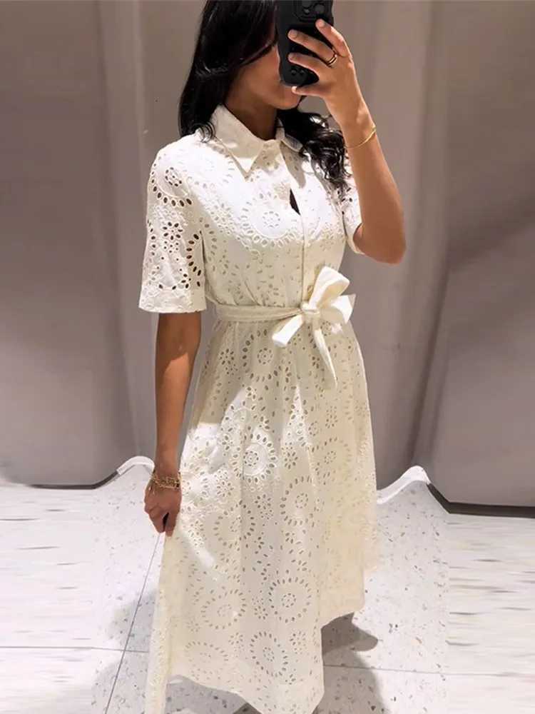 Elegant Embroidered Lapel Hollow Dress Women Fashionable Short Sleeve Belt High Waist Maxi Dresses Female Summer Chic Casual C260331