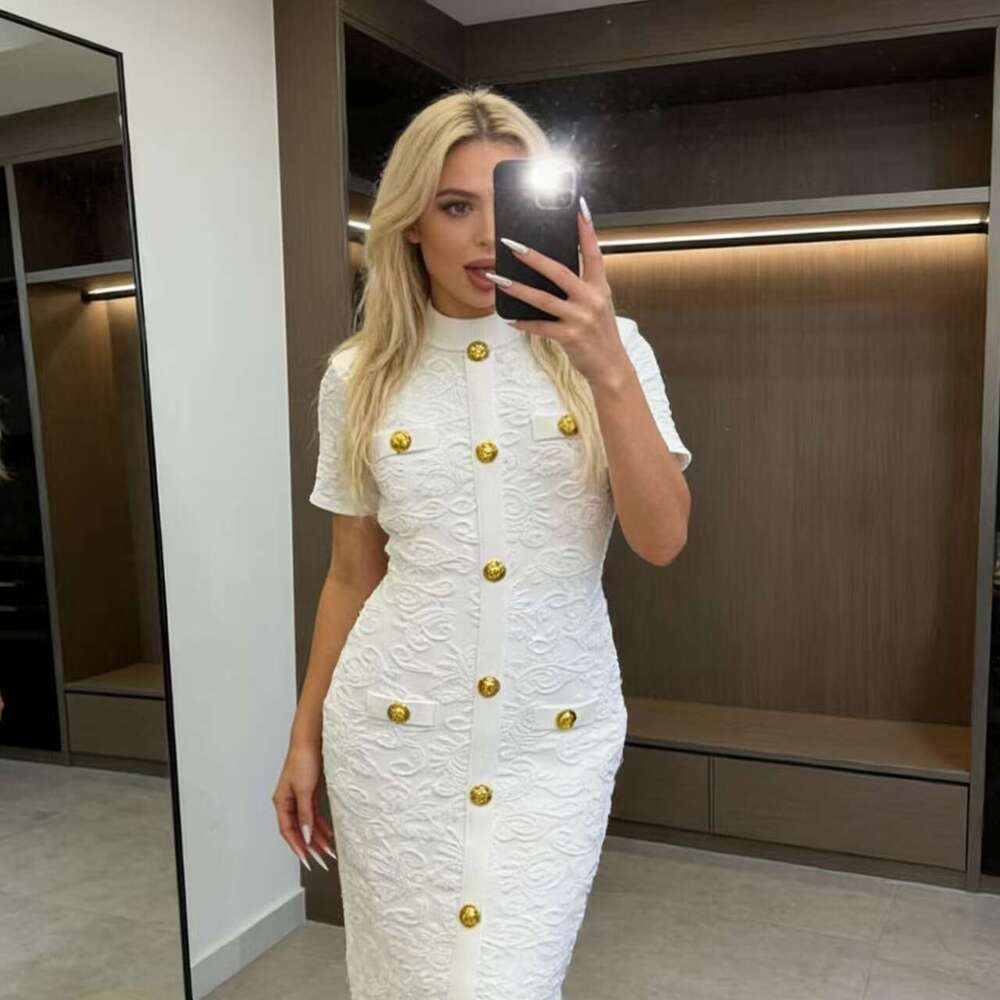 k30 2026 FC Spring and Summer New Elegant and Exquisite Metal Buckle Slimming Short Sleeve Long Skirt Medium Length Tight Dress