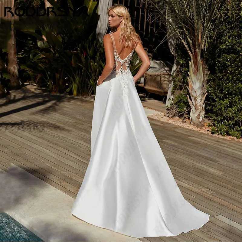 RODDRSYA Simple Satin Wedding Dresses Elegant V-Neck Insertable Pocket Bridal Party Sexy Button Backless vestidos de novia 2024 C260331