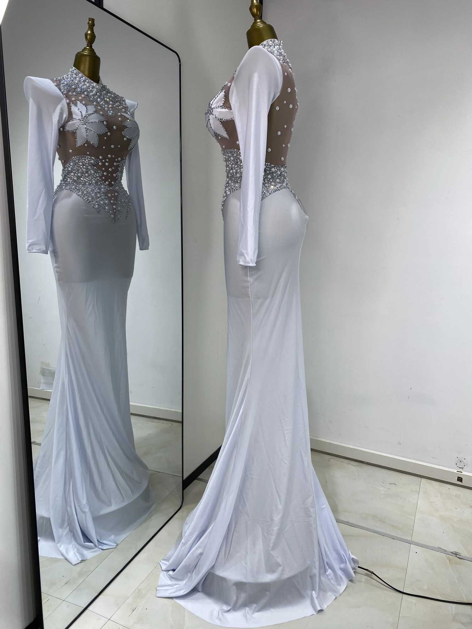 Luxury Pealrs Rhinestones Maxi Long Dress Women Elegant White Long Sleeve Wedding Evening Party Dresses Celebrity Runway Gala C260331