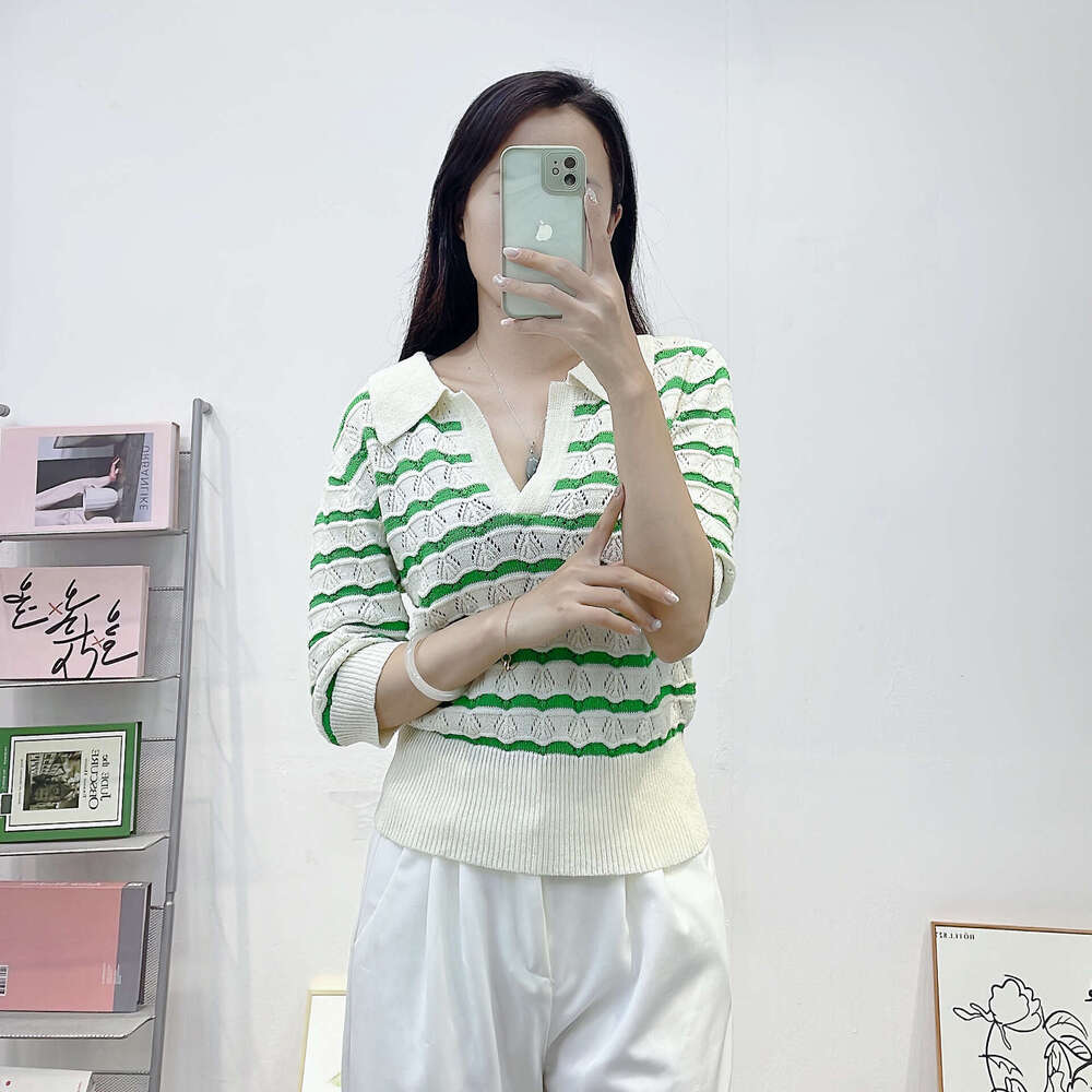 2026 Summer New Designer Thin Knitted k30 POLO Collar Green Stripe V-Neck Hollow Crochet Short Sleeve Knitted Top