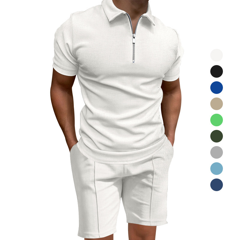 2025 Summer Mens Polo Shirt Set Solid Color Waffle Short Sleeve Slim Fit Turn-down Collar T-shirt Casual Mens Style
