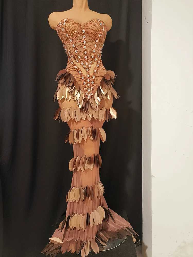 Sexy brown Leaves rhinestone Evening Dancewear fishtail dress Celebrate Catwalk Show nightclub Performance Stage Outfit costume C260331