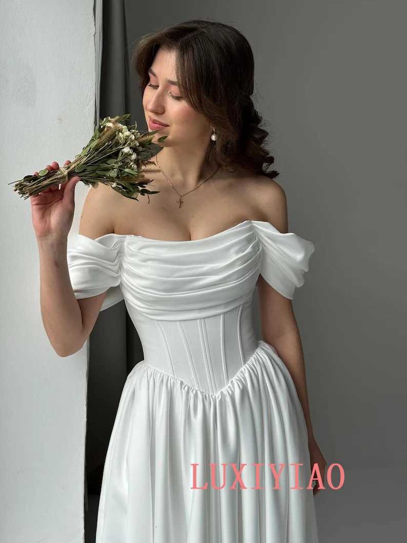 Customized Rode De Morrie 2026 Popular Off The Shoulder Pleat Sweetheart Thick Satin A Line Wedding Dress V-shape Waistline C260331