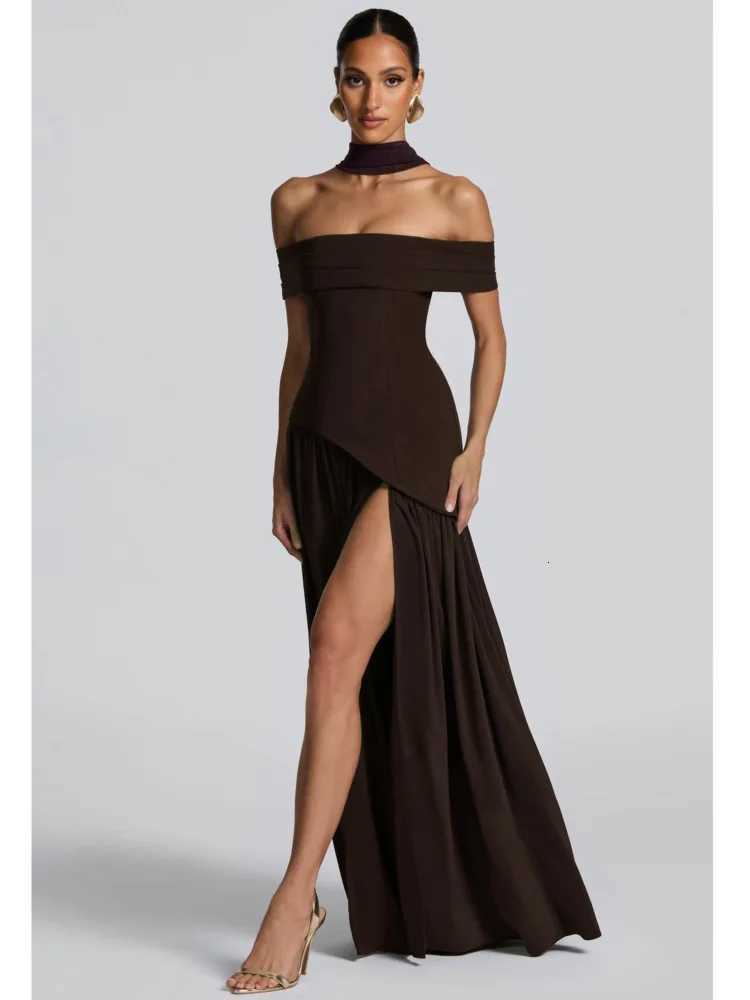 Articat Elegant Off-Shoulder Slit Ruched Party Club Evening Dress Women Sexy Backless Slim Zipper Long Dress Formal Dress 2025 C260331