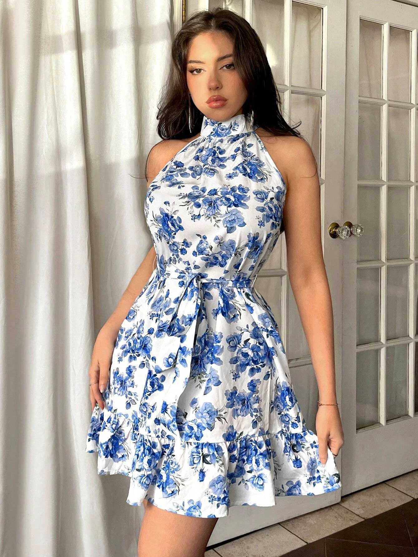 Elegant Floral Print Sleeveless Dress with Ruffle Hem - Choker Neck Knee-Length Ideal for Spring/Summer/Fall Events C260331