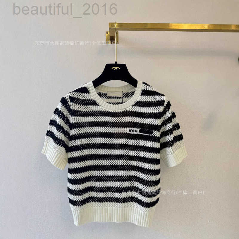 Women's T-Shirt designer HouM brand~top-level early spring new style striped round-neck knitted short-sleeve shirt JDFT