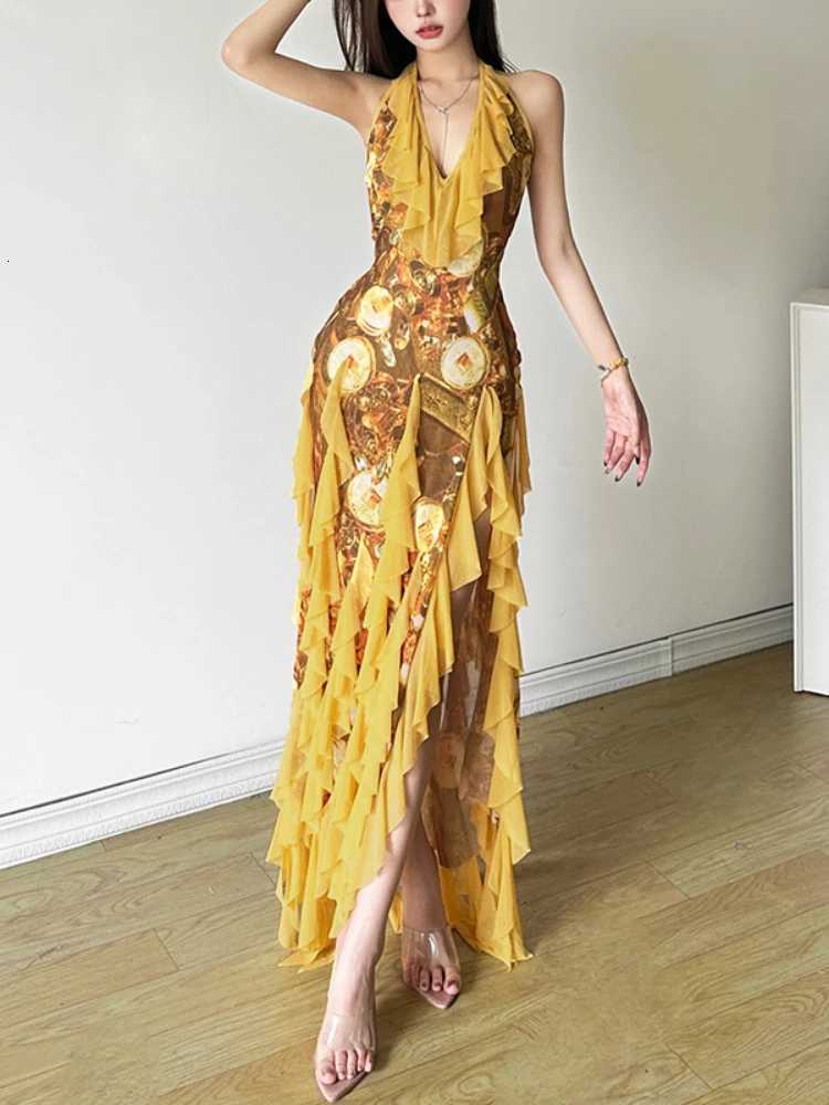 Print Split Maxi Dresses for Women 2026 Vestidos De Mujer Slim Waist Ruffled Temperament Robe Femme Y2K Halter Sexy Summer Dress C260331