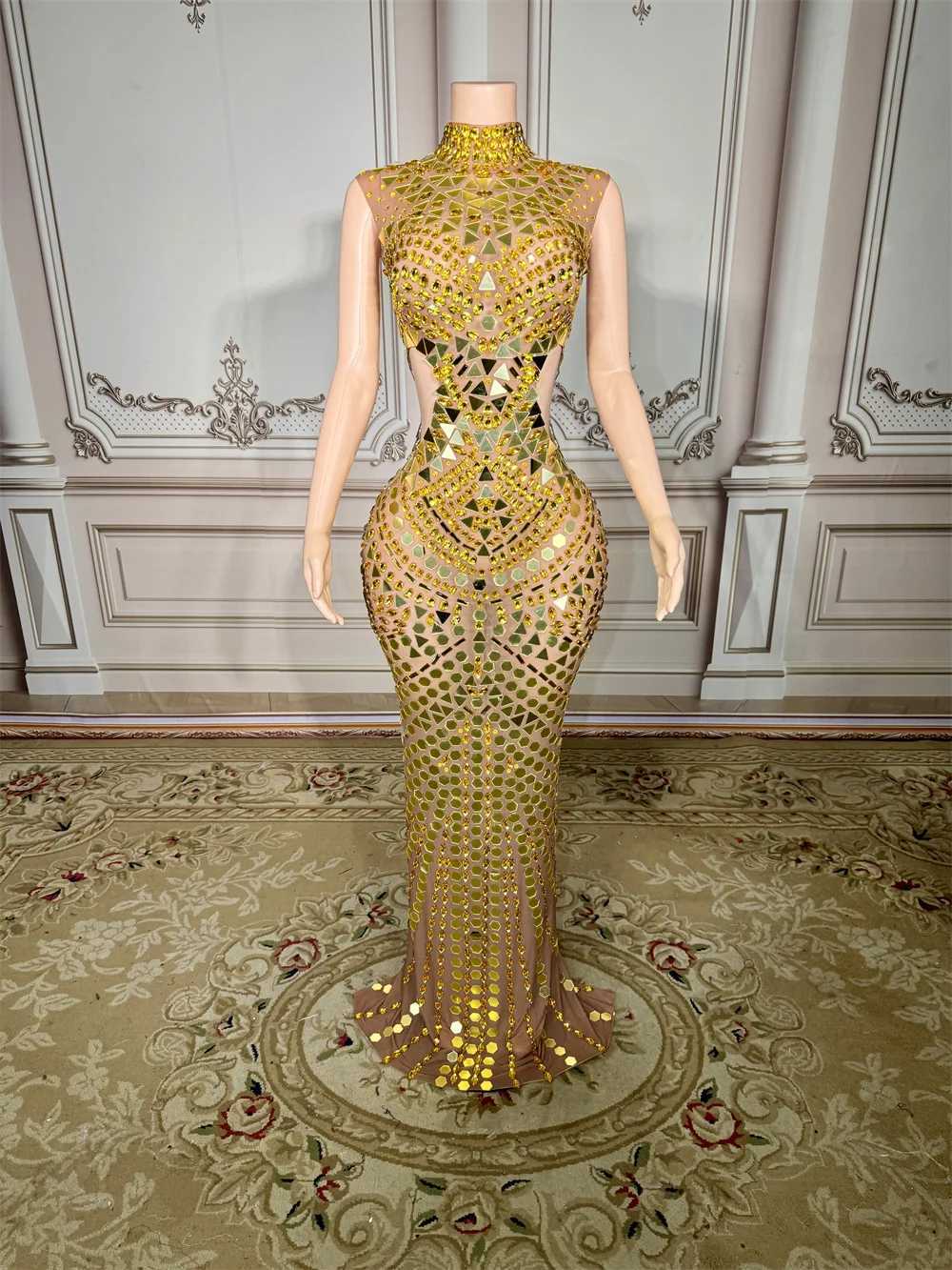 Luxury Mirror Rhinestones Long Dress for Women Singer Celebrity Evening Party Catwalk Prom Outfit Stage Photo Shoot Dresses C260331