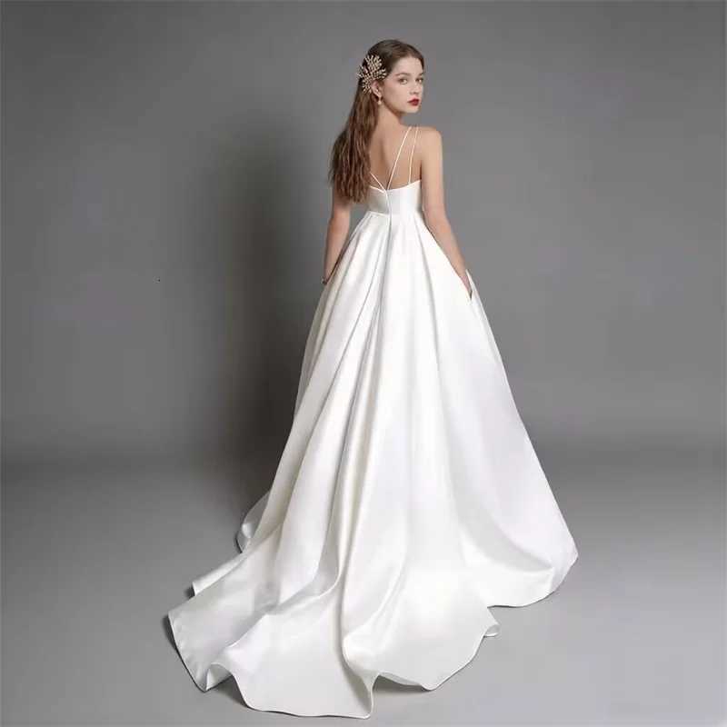 Customized Simple Satin Slit Solid Wedding Dresses Sexy Spaghetti Straps Pleats A Line Bridal Gown Vestido De Noiva with Pockets C260331