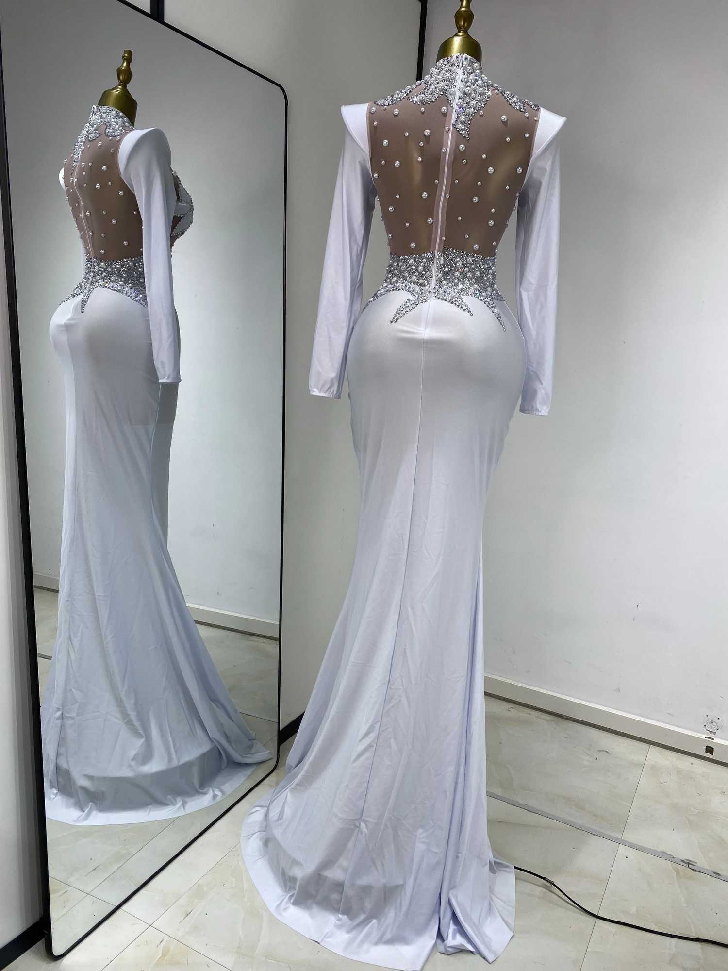 Luxury Pealrs Rhinestones Maxi Long Dress Women Elegant White Long Sleeve Wedding Evening Party Dresses Celebrity Runway Gala C260331