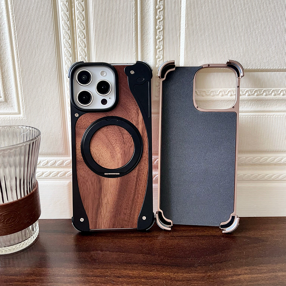 Luxury Walnut Wood MagSafe Case with Built-in Aluminum Swivel Stand for iPhone 15 pro /15 pro Max